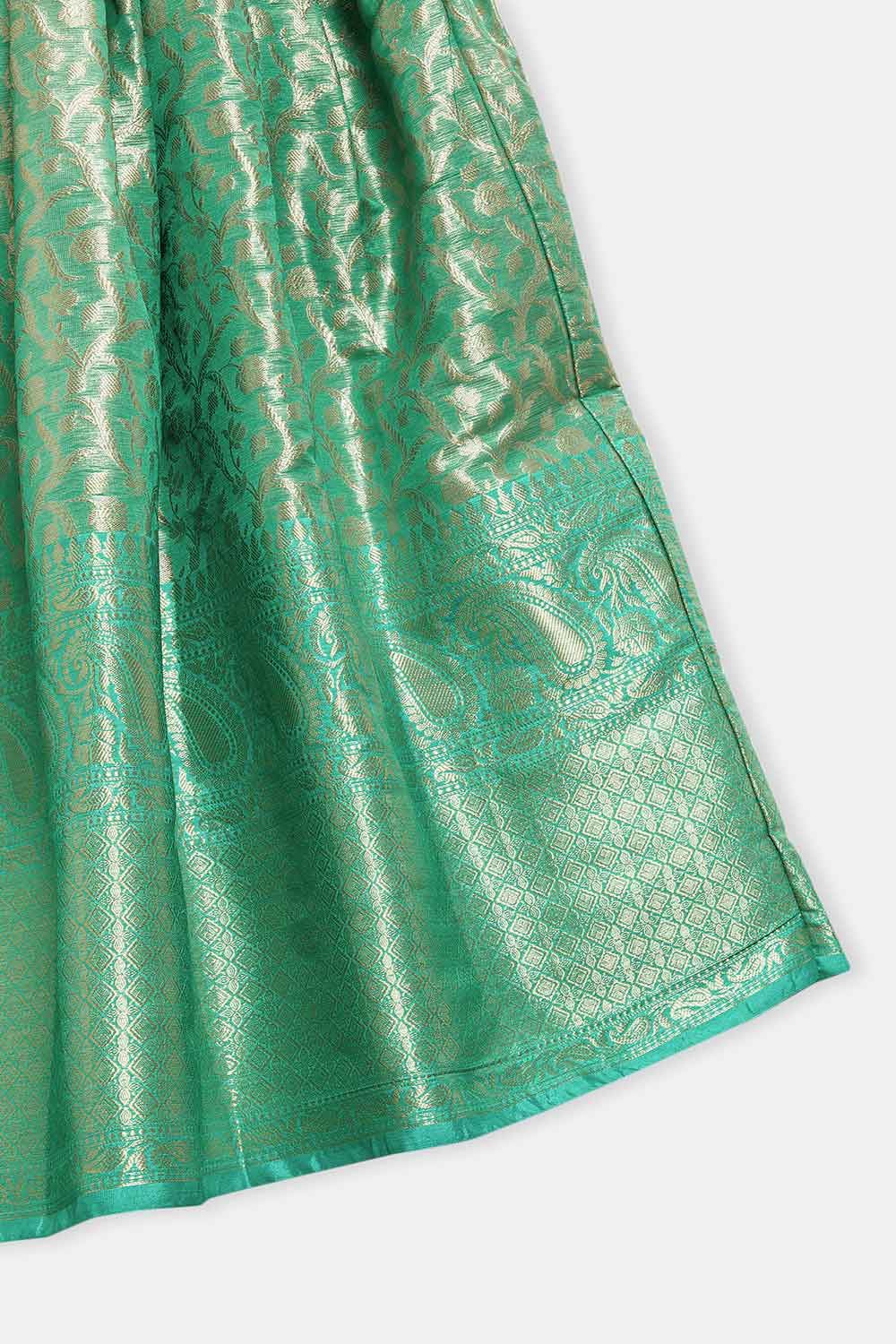 Chittythalli Girls’ Asymmetric Neck Pavadai Set – Brocade Skirt & Cotton Top - Pista Green - PS50
