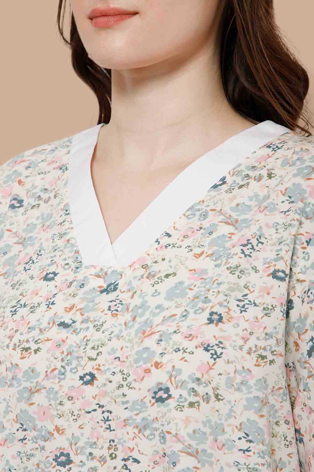 Naidu Hall V Neck Printed Nighty with Long Bell Sleeves - Green - NT40