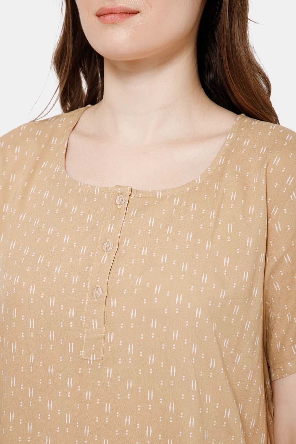 Naidu Hall Front Open Printed Nighty with Square Round Neck - Beige - NT33