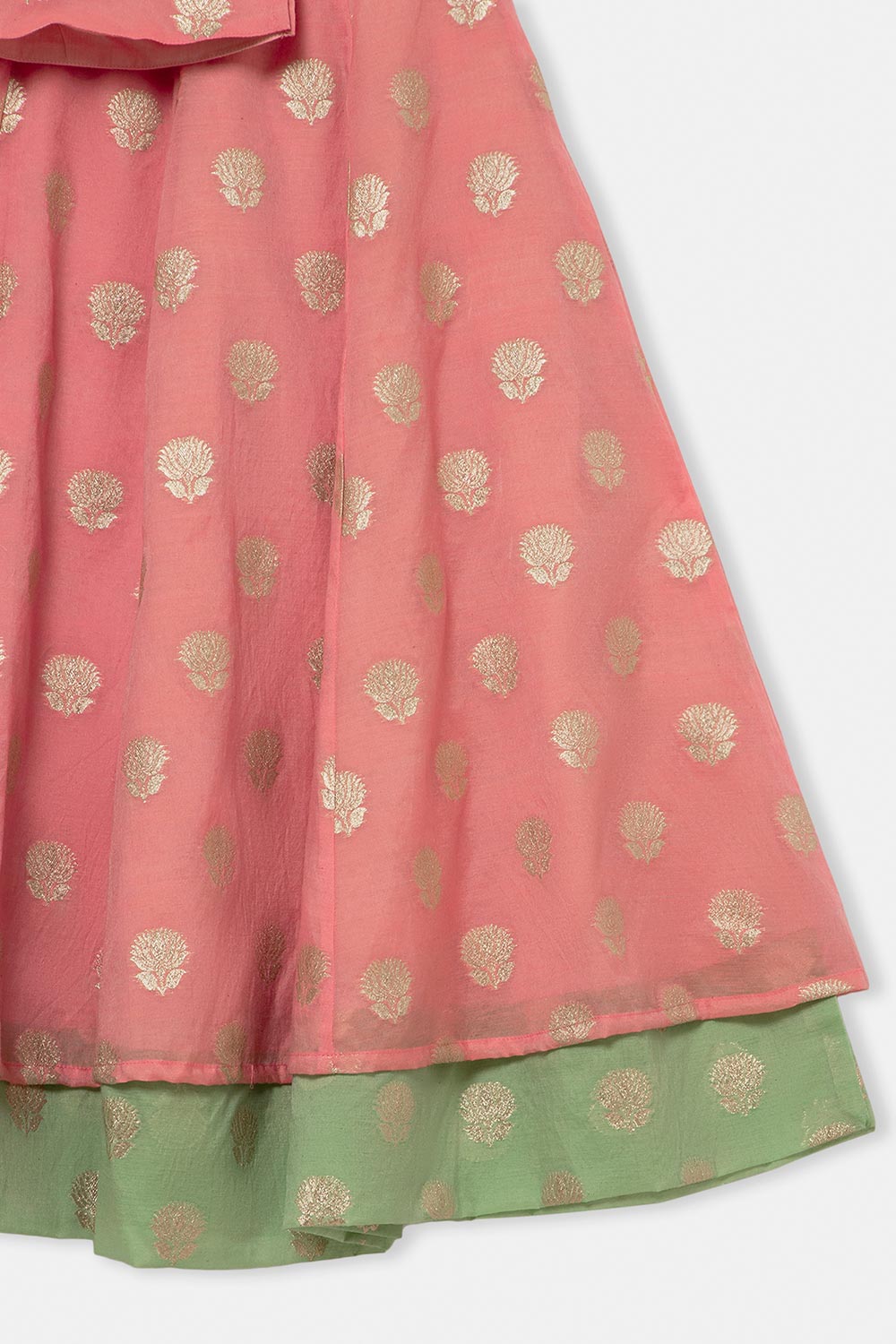 Chittythalli Girls Traditional Pavadai Set with Mandarin Collar Top and Double Layered Flared Skirt - Peach - PS70