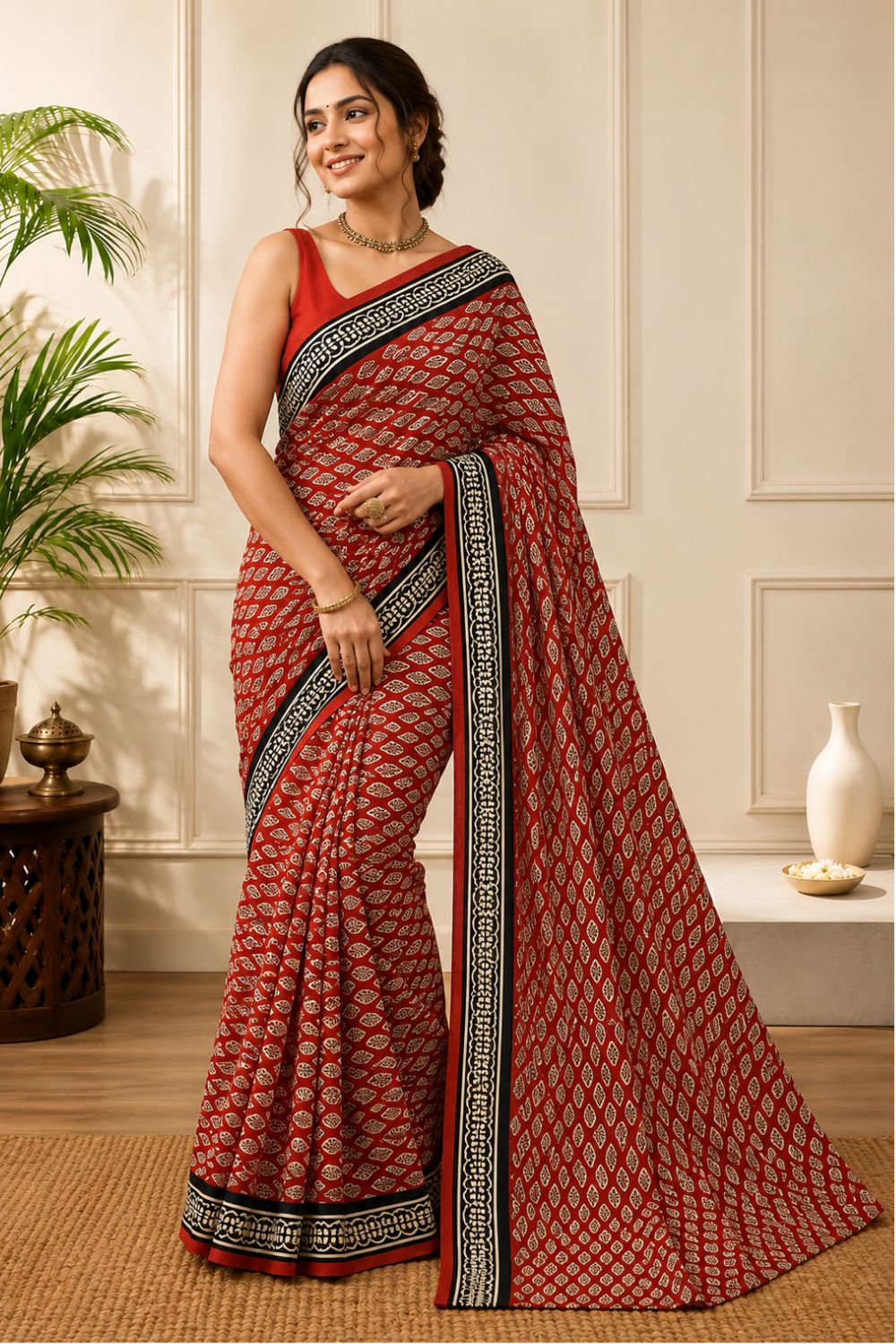 Women's Pure Cotton Jaipur Print Saree with Blouse | Soft Cotton Printed Saree for Women | Traditional, Casual & Festive Ethnic Wear - Black - JT28