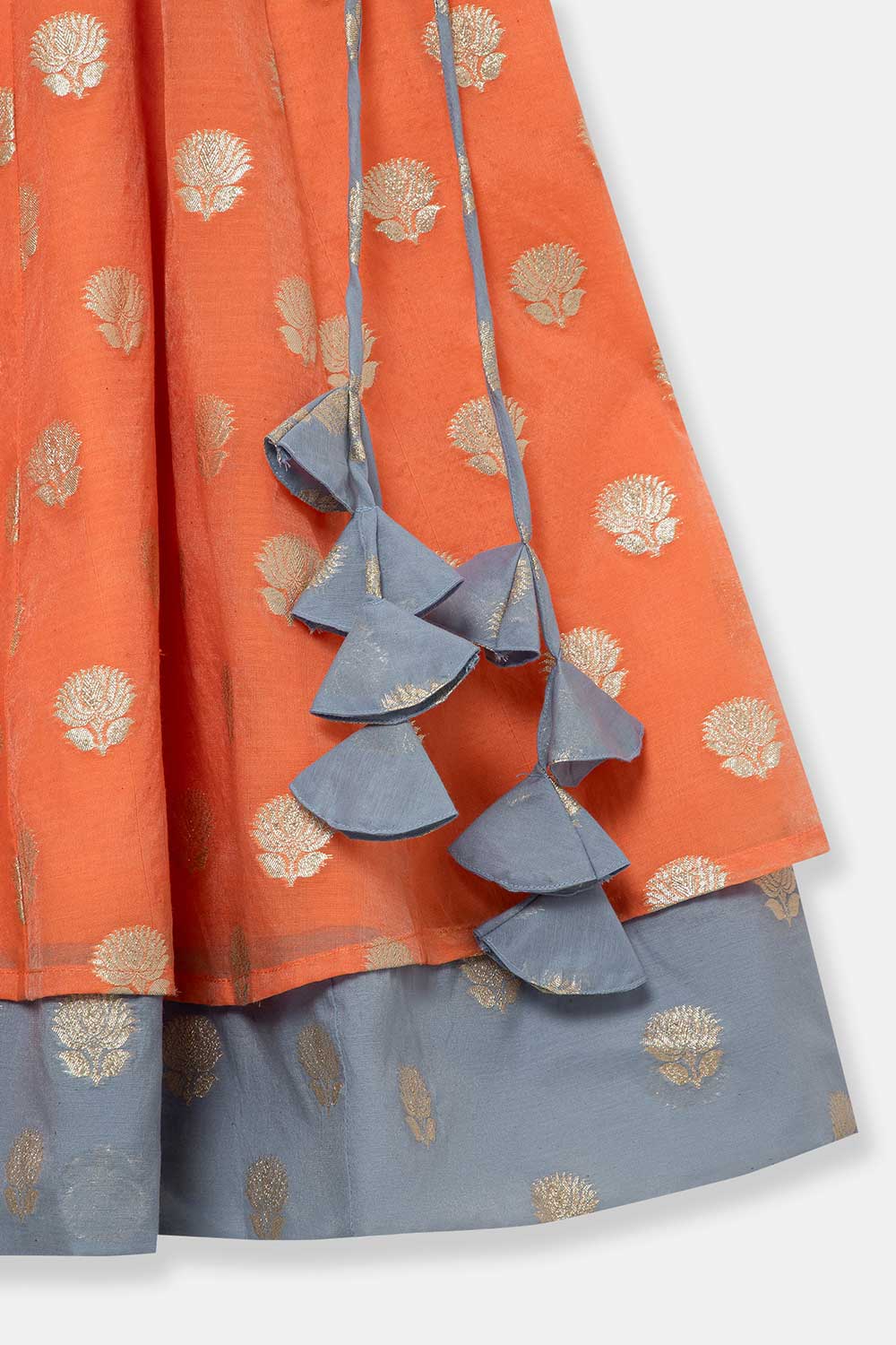 Chittythalli Girls Traditional Pavadai Set with Mandarin Collar Top and Double Layered Flared Skirt - Orange - PS70