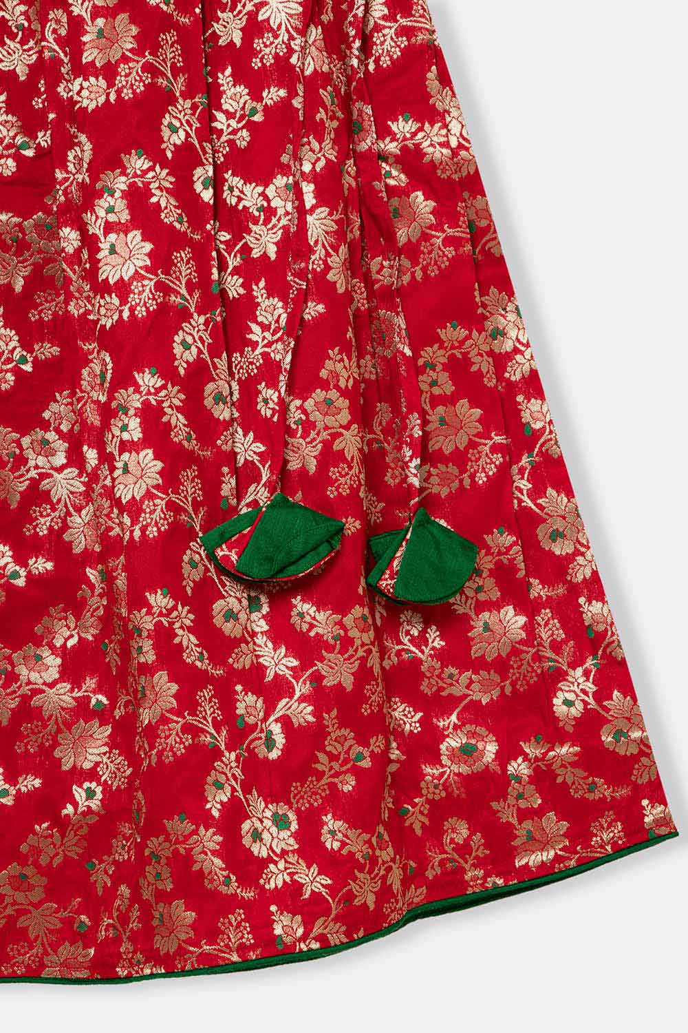 Chittythalli Girls Pavadai Set – Cotton Blouse with Brocade Collar & Zari Embroidery, Box Pleated Skirt - Green - PS80