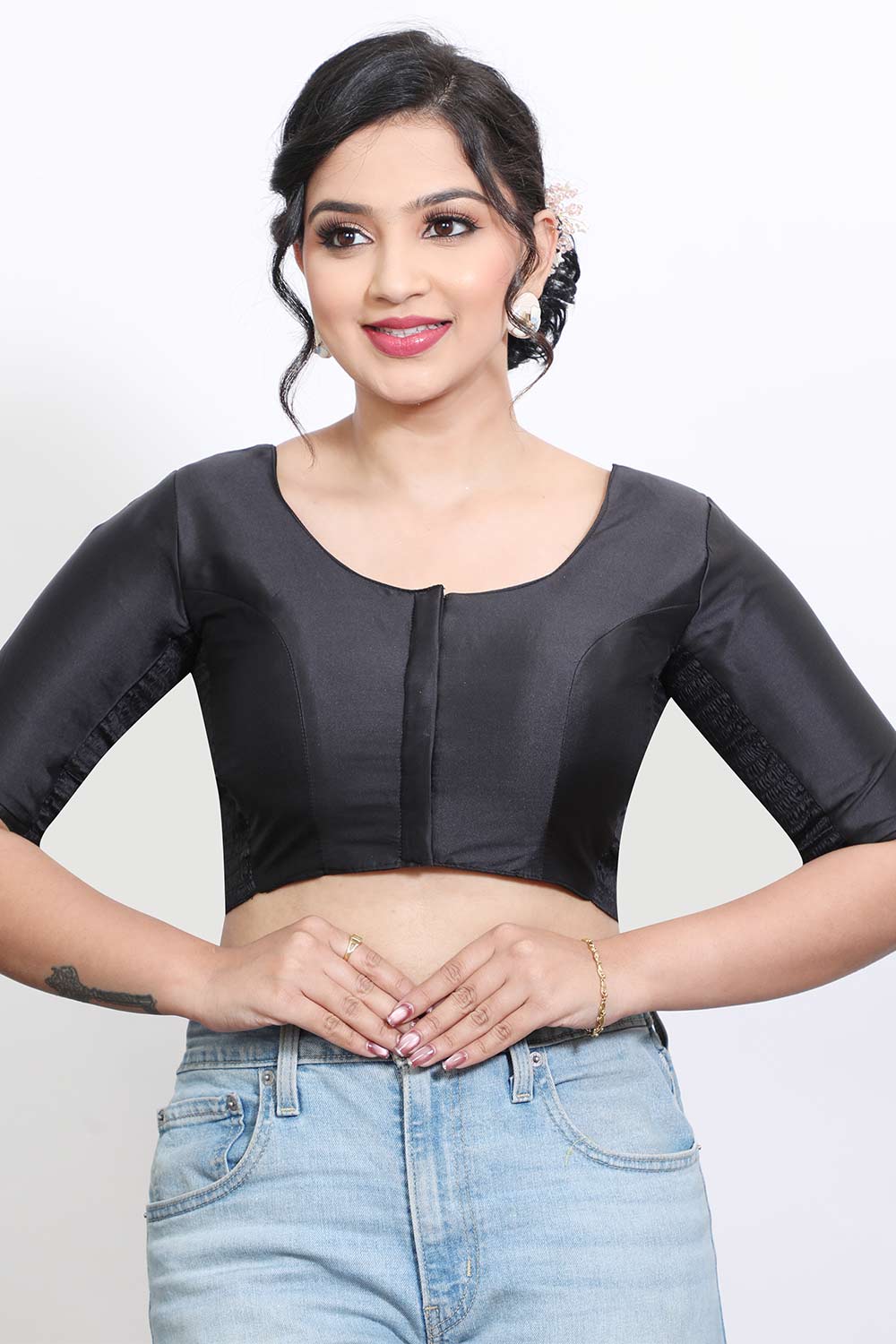 Women’s Stretchable Art Silk Ready Made Saree Blouse – Round Neck Elbow Sleeve Stretch Fit Blouse for Women | Solid Readymade Blouse for Saree - 9002