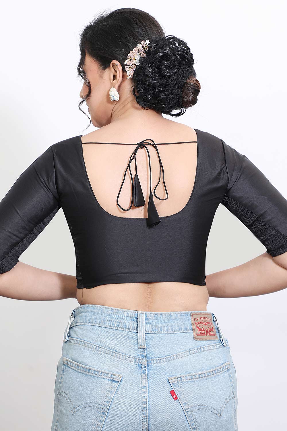 Women’s Stretchable Art Silk Ready Made Saree Blouse – Round Neck Elbow Sleeve Stretch Fit Blouse for Women | Solid Readymade Blouse for Saree - 9002