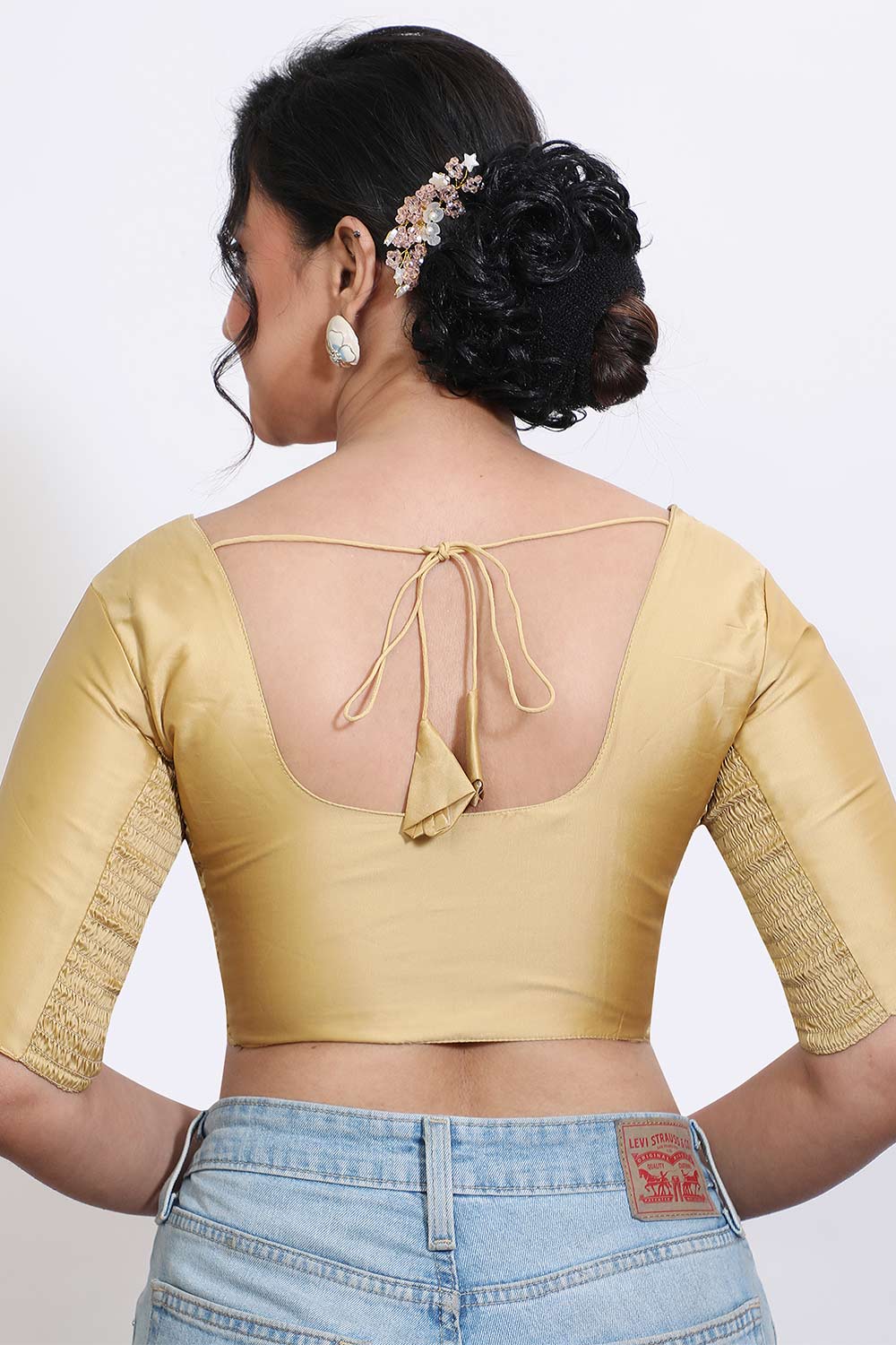 Women’s Stretchable Art Silk Ready Made Saree Blouse – Round Neck Elbow Sleeve Stretch Fit Blouse for Women | Solid Readymade Blouse for Saree - 9002