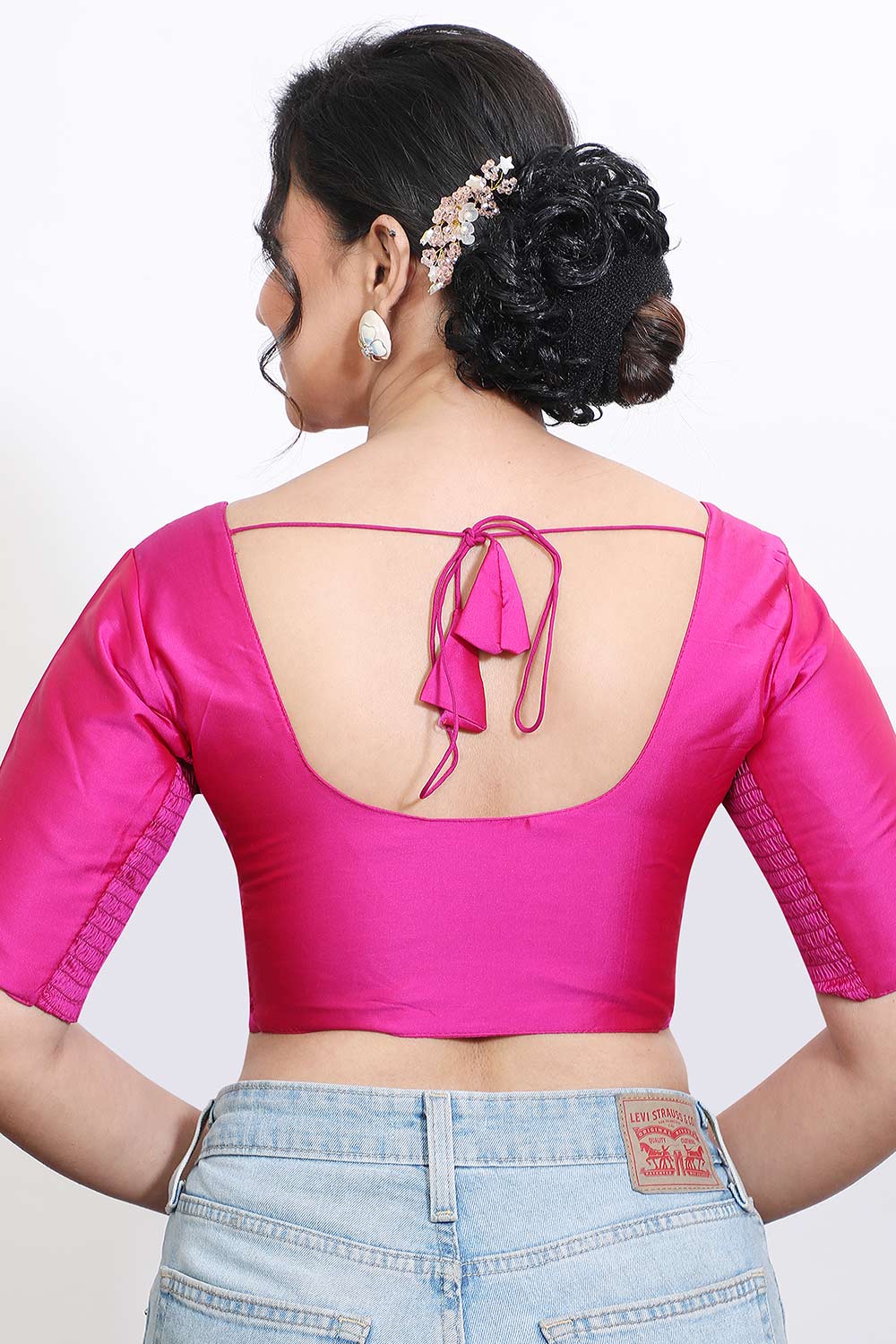 Women’s Stretchable Art Silk Ready Made Saree Blouse – Round Neck Elbow Sleeve Stretch Fit Blouse for Women | Solid Readymade Blouse for Saree - 9002