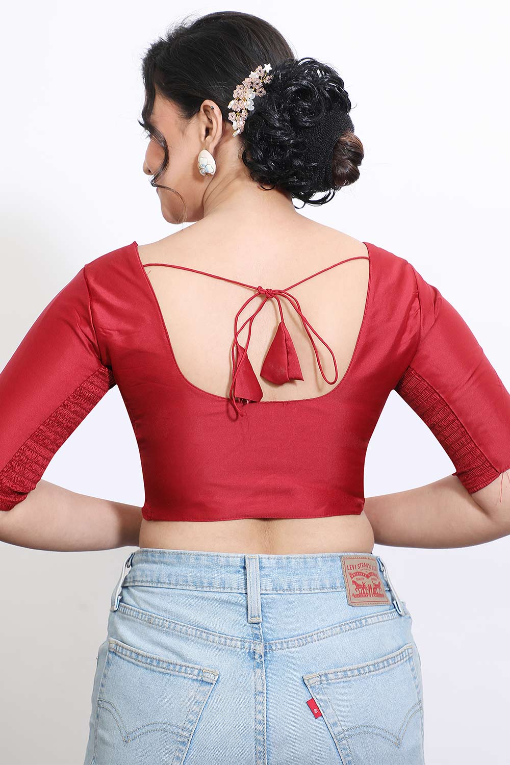 Women’s Stretchable Art Silk Ready Made Saree Blouse – Round Neck Elbow Sleeve Stretch Fit Blouse for Women | Solid Readymade Blouse for Saree - 9002