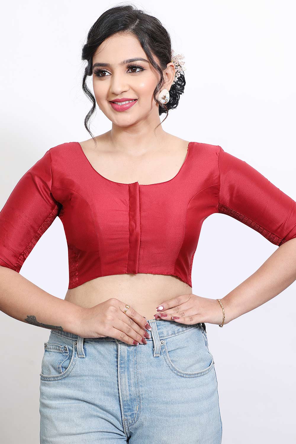 Women’s Stretchable Art Silk Ready Made Saree Blouse – Round Neck Elbow Sleeve Stretch Fit Blouse for Women | Solid Readymade Blouse for Saree - 9002