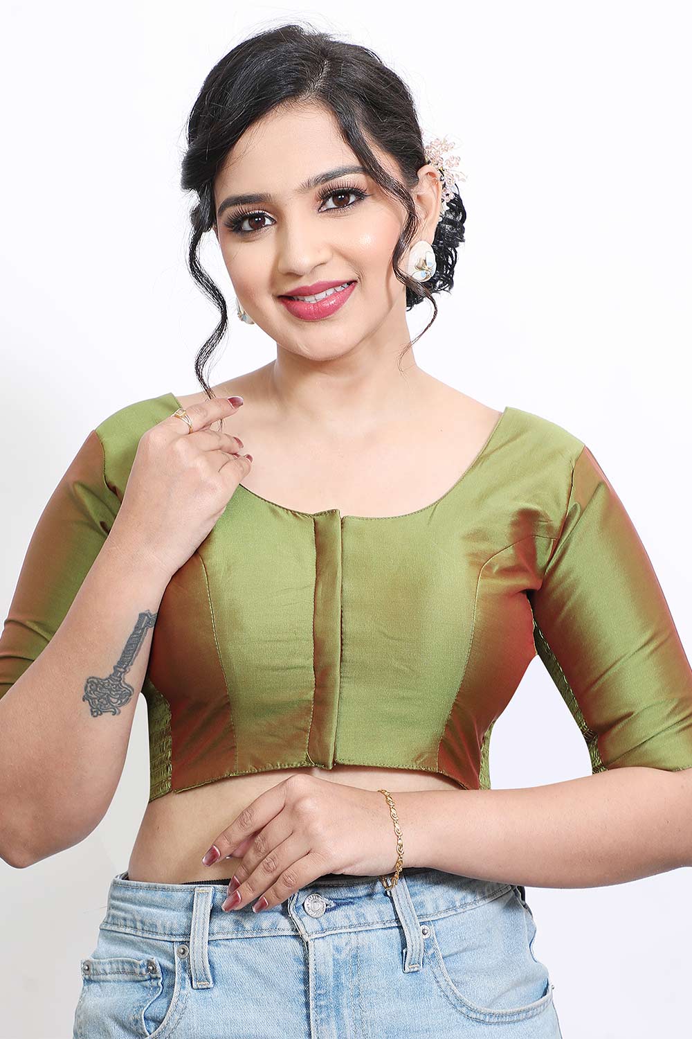 Women’s Stretchable Art Silk Ready Made Saree Blouse – Round Neck Elbow Sleeve Stretch Fit Blouse for Women | Solid Readymade Blouse for Saree - 9002