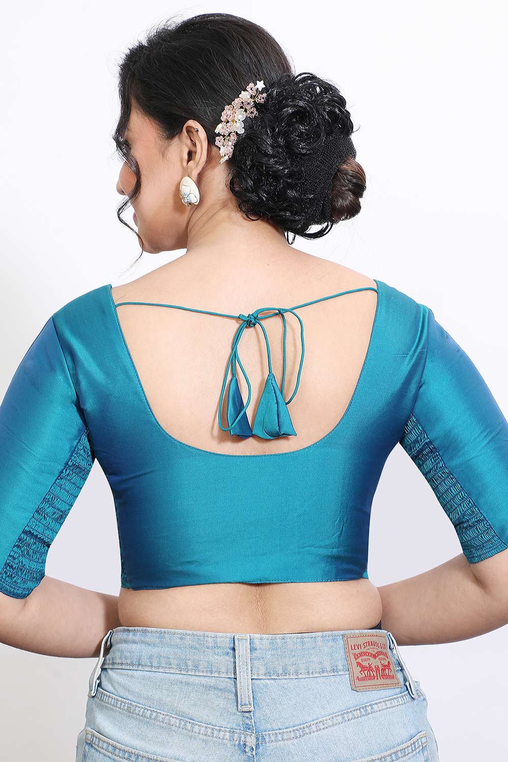 Women’s Stretchable Art Silk Ready Made Saree Blouse – Round Neck Elbow Sleeve Stretch Fit Blouse for Women | Solid Readymade Blouse for Saree - 9002