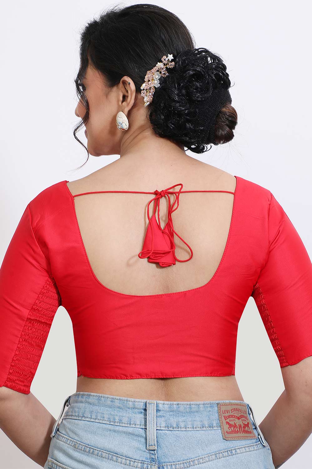 Women’s Stretchable Art Silk Ready Made Saree Blouse – Round Neck Elbow Sleeve Stretch Fit Blouse for Women | Solid Readymade Blouse for Saree - 9002