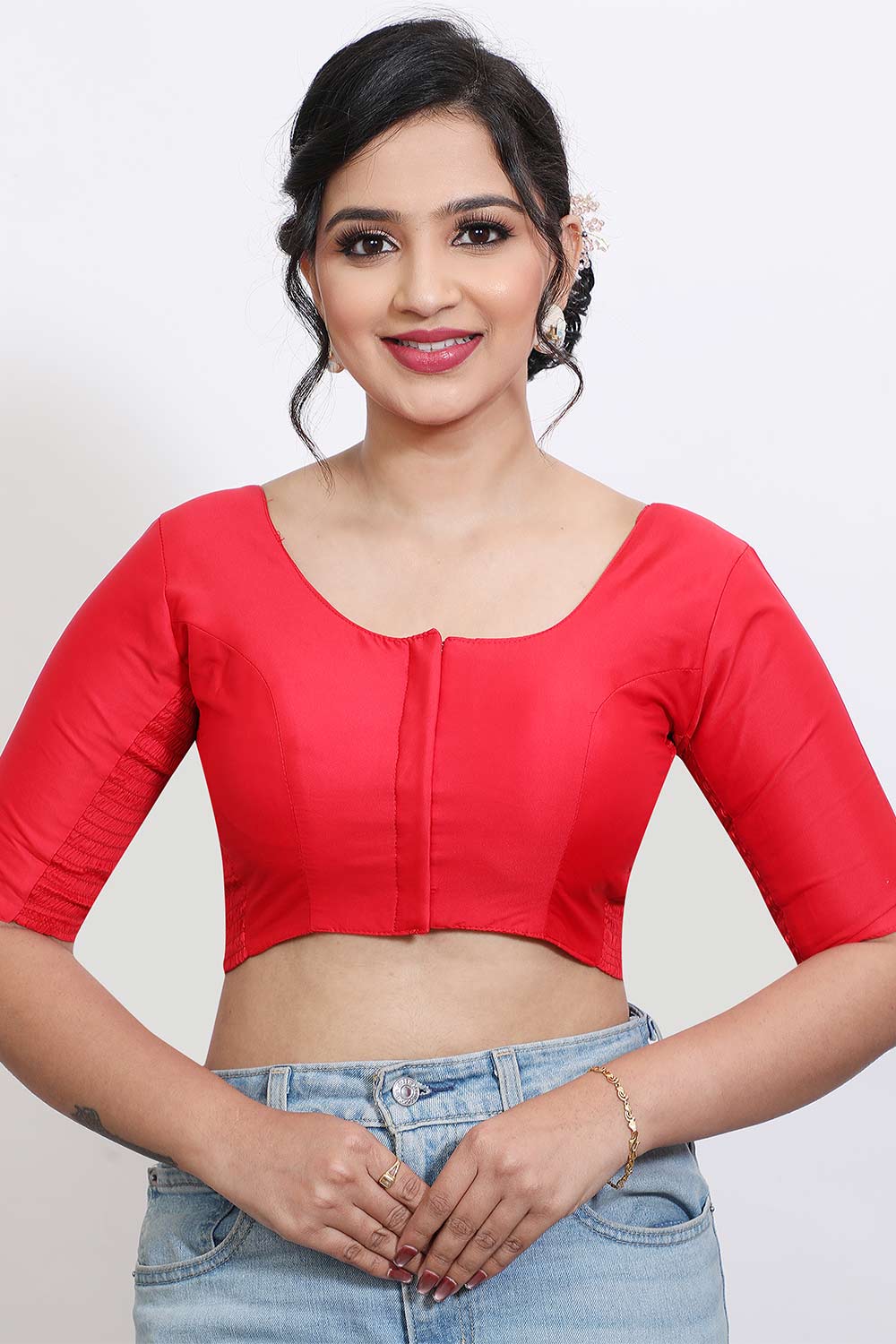 Women’s Stretchable Art Silk Ready Made Saree Blouse – Round Neck Elbow Sleeve Stretch Fit Blouse for Women | Solid Readymade Blouse for Saree - 9002