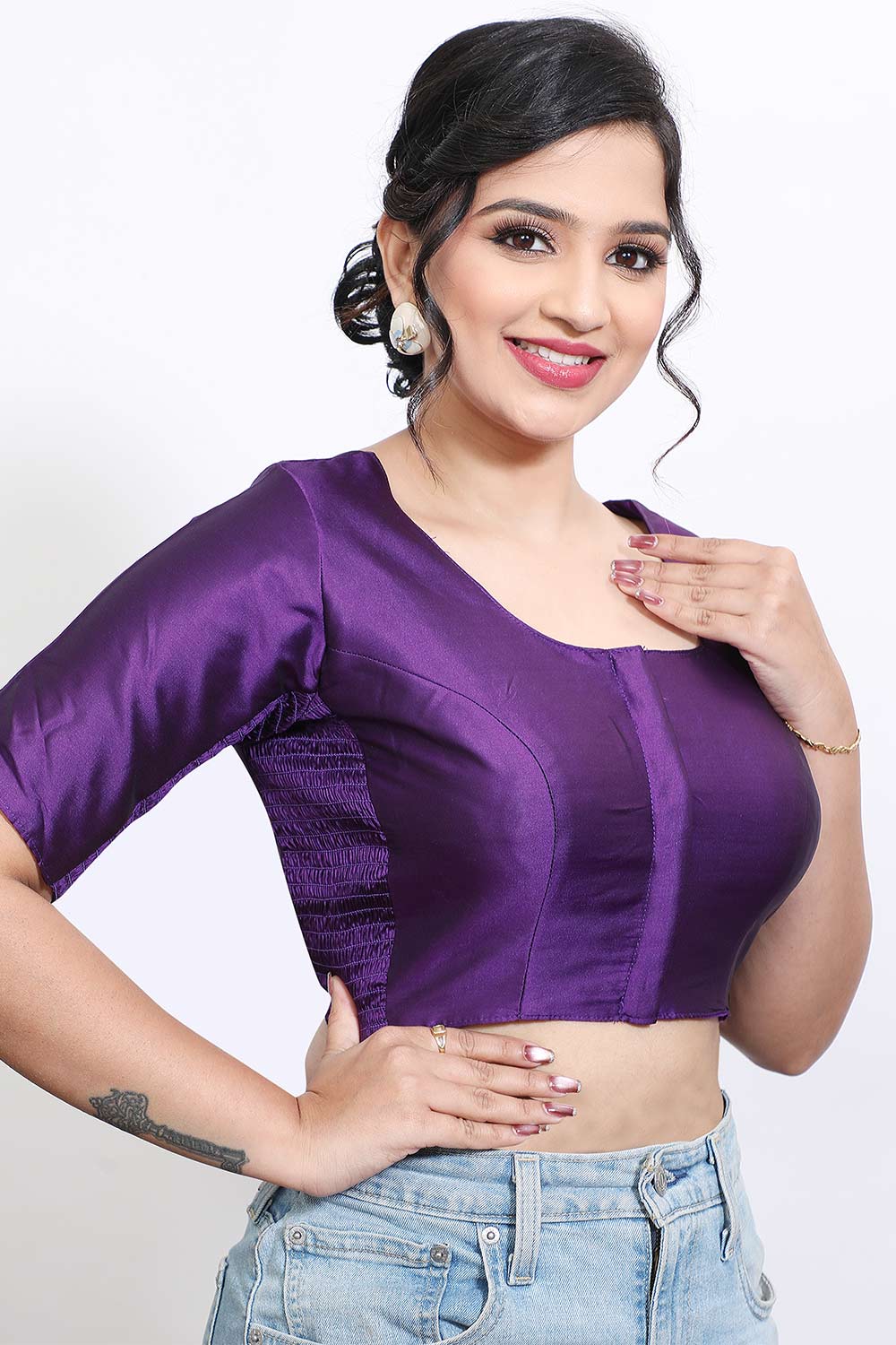 Women’s Stretchable Art Silk Ready Made Saree Blouse – Round Neck Elbow Sleeve Stretch Fit Blouse for Women | Solid Readymade Blouse for Saree - 9002