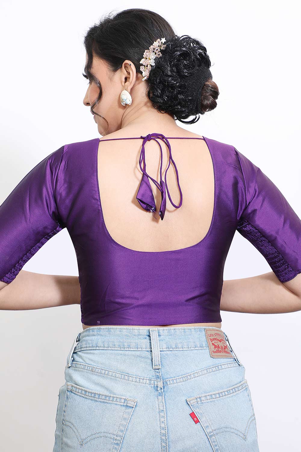 Women’s Stretchable Art Silk Ready Made Saree Blouse – Round Neck Elbow Sleeve Stretch Fit Blouse for Women | Solid Readymade Blouse for Saree - 9002