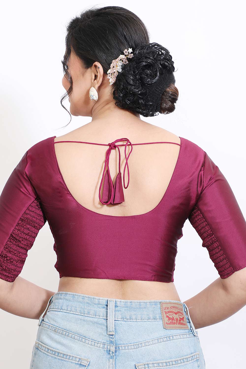 Women’s Stretchable Art Silk Ready Made Saree Blouse – Round Neck Elbow Sleeve Stretch Fit Blouse for Women | Solid Readymade Blouse for Saree - 9002
