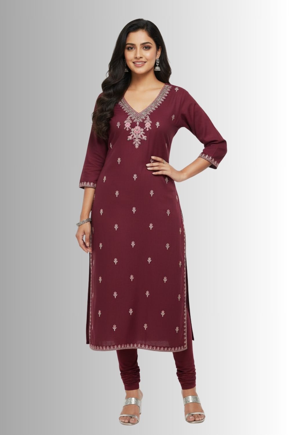 Women’s Printed Rayon Embroidered Kurthi with V Neck and 3/4 Sleeves Below Knee Length - Wine - S098