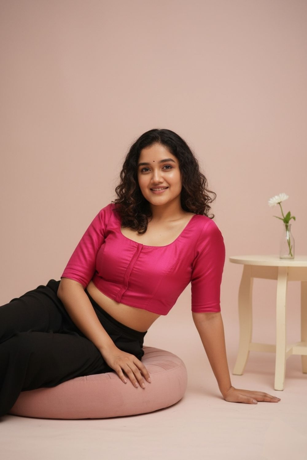 Women's Blouse Silk Blend Padded Front Open Round Neck Princess Cut Elbow Sleeve Solid Saree Blouse with Round Back - Light Magenta - 4050