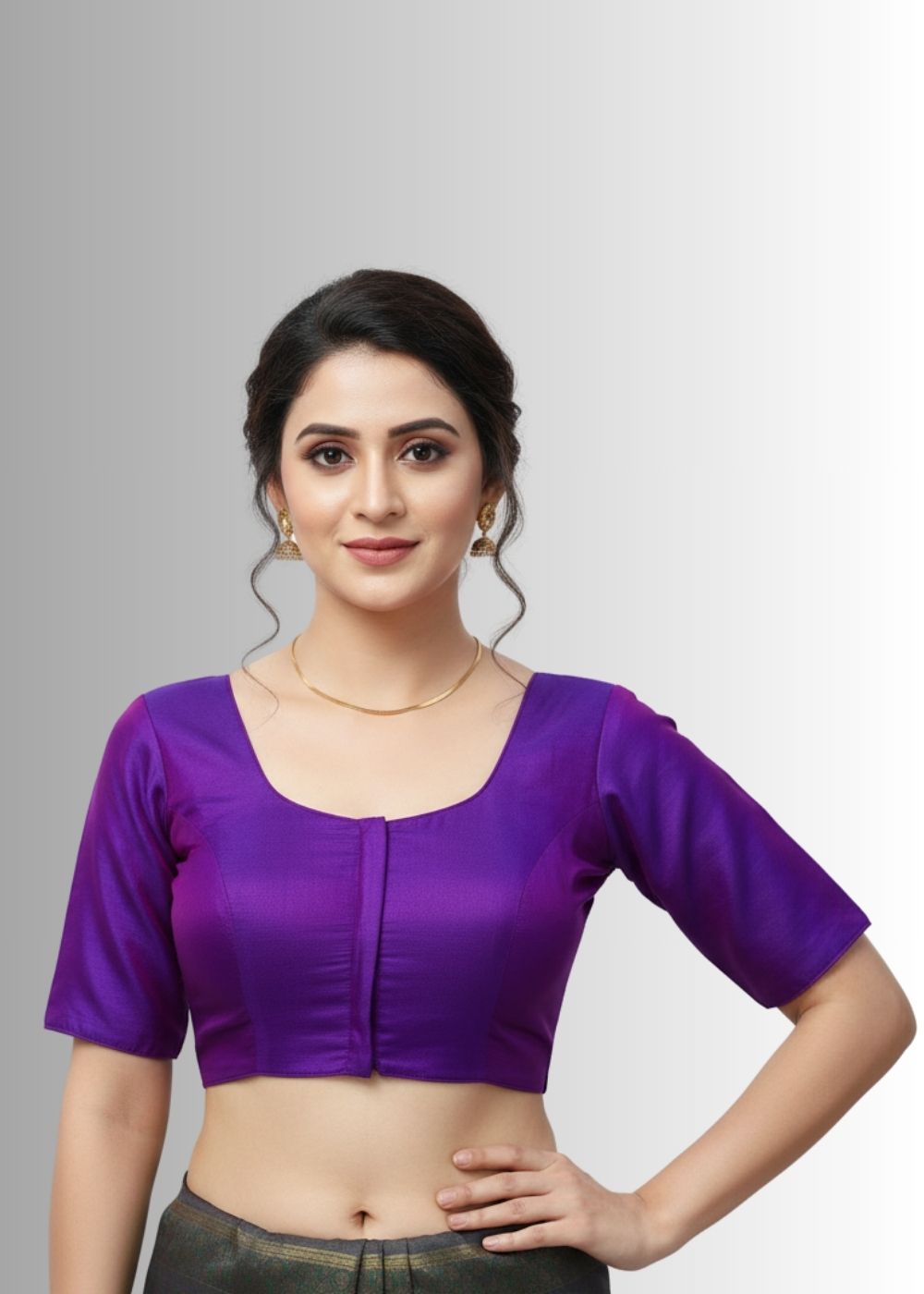 Women's Blouse Silk Blend Padded Front Open Round Neck Princess Cut Elbow Sleeve Solid Saree Blouse with Round Back - Wine - 4050