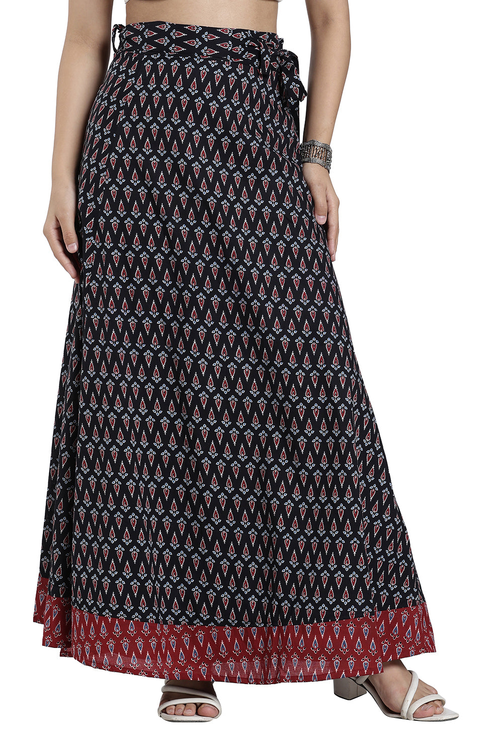 Mythri Women’s Geometric Print Wrap Skirt – Cotton Blend Tie-Up Long Skirt for Women | Indo-Western Casual Wear - SK08