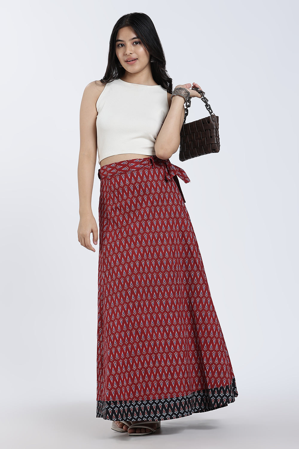 Mythri Women’s Geometric Print Wrap Skirt – Cotton Blend Tie-Up Long Skirt for Women | Indo-Western Casual Wear - SK08
