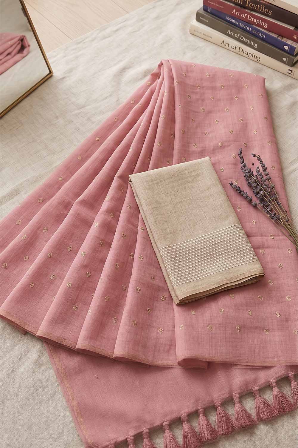 Womens Peach Cotton Saree with Blouse – Embroidered Cotton Rich Saree for Women | Festive Ethnic Wear - WS03
