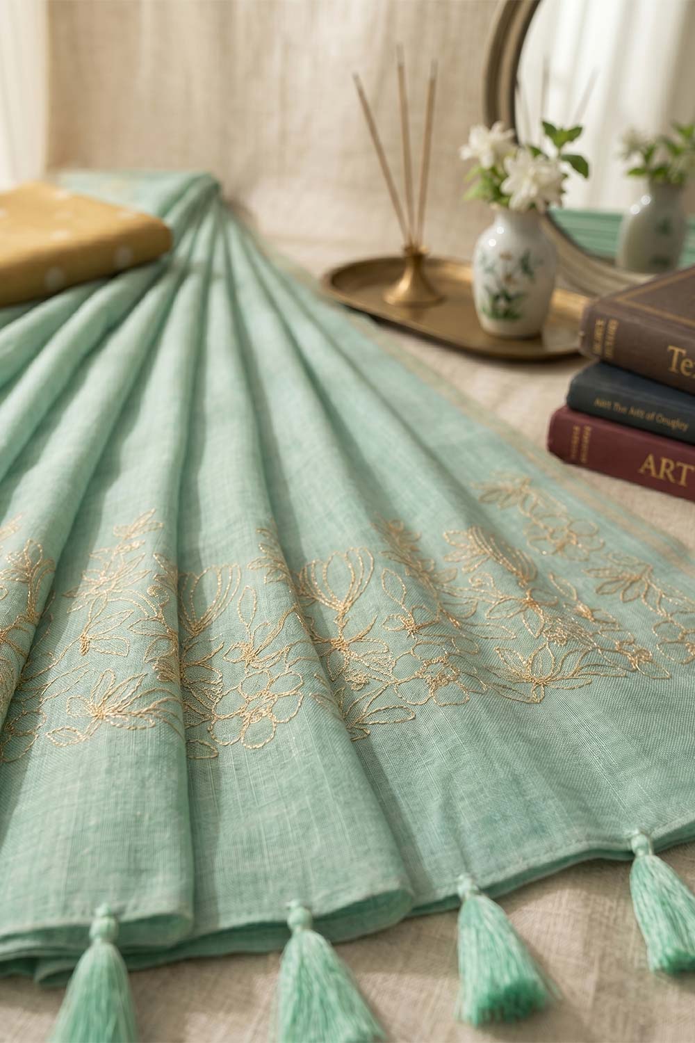 Womens Green Embroidered Saree with Blouse – Cotton Rich Festive Saree for Women | Traditional & Party Wear Saree - WS04