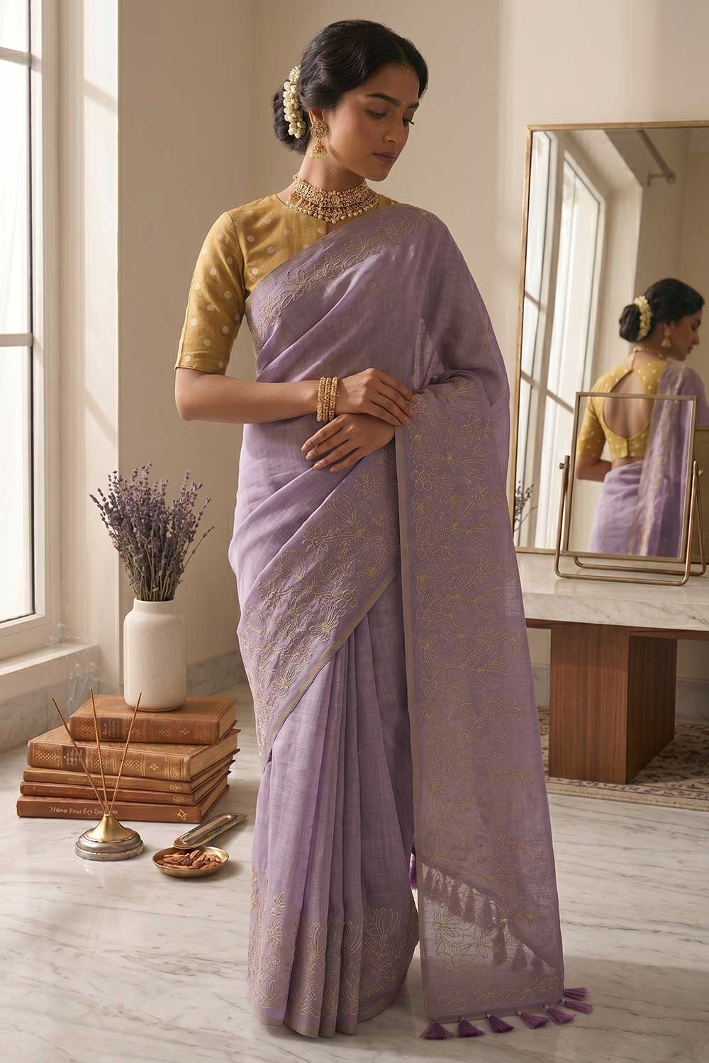 Womens Purple Cotton Saree with Blouse – Embroidered Cotton Rich Saree for Women | Festive & Party Wear Saree - WS04