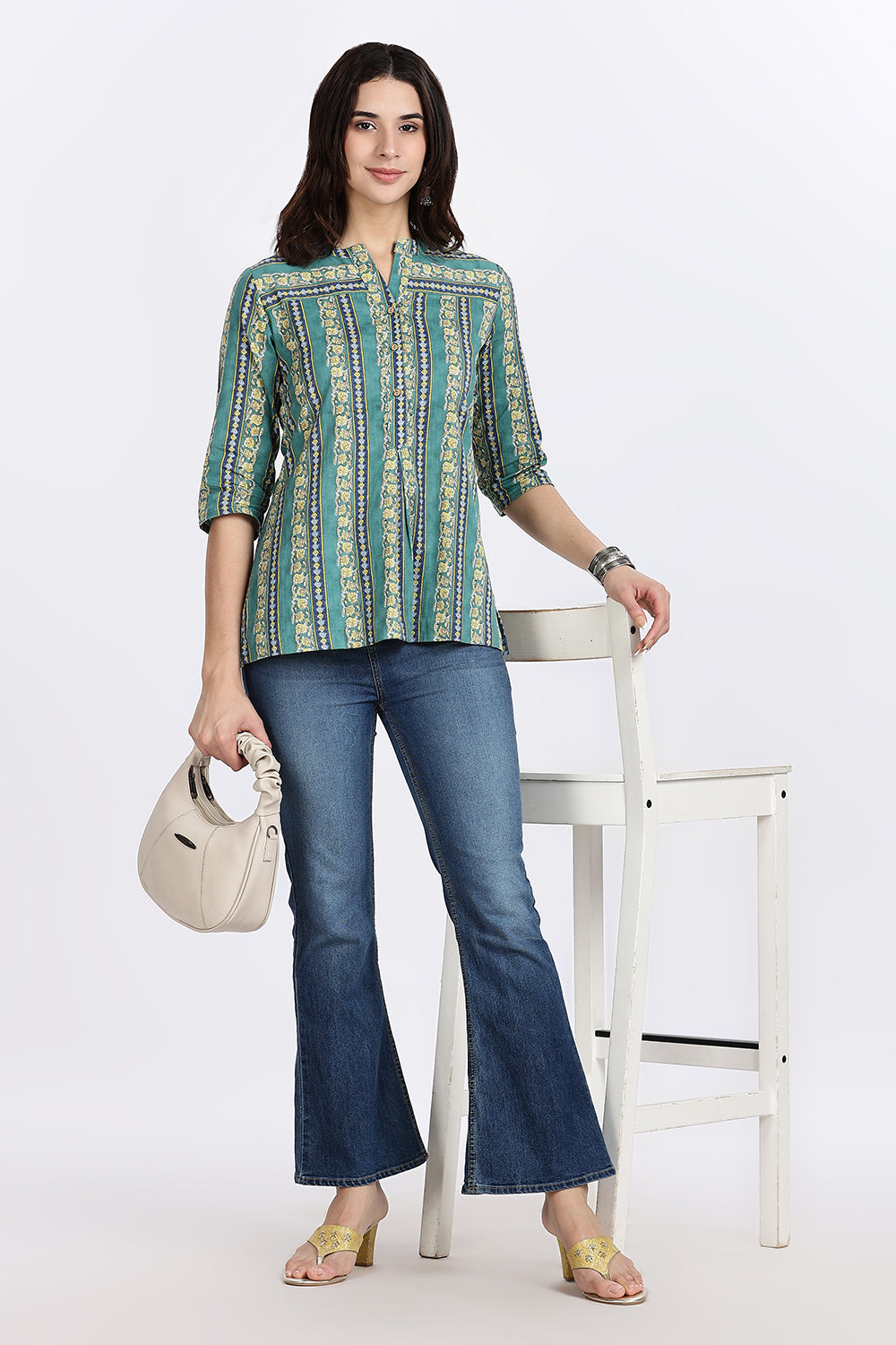 Mythri Women’s Teal Striped Cotton Top with V-Notch Neckline, Wooden Button Placket & 3/4th Sleeves | Daily Wear A-Line Cotton Top - TU13