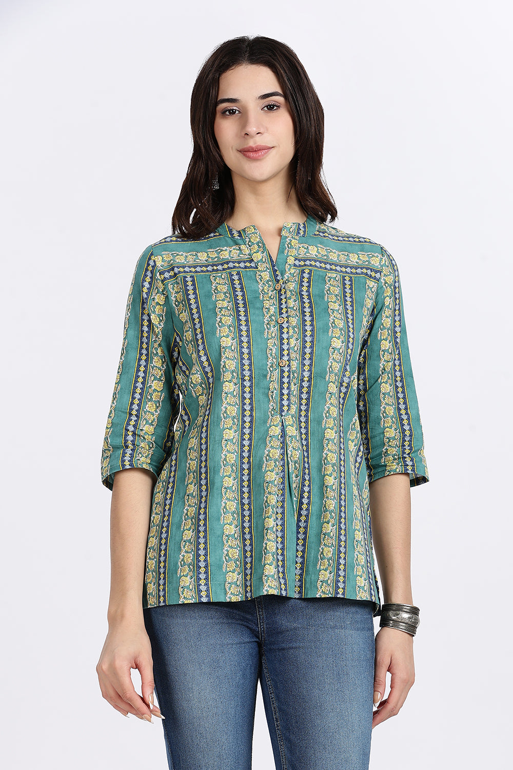 Mythri Women’s Teal Striped Cotton Top with V-Notch Neckline, Wooden Button Placket & 3/4th Sleeves | Daily Wear A-Line Cotton Top - TU13