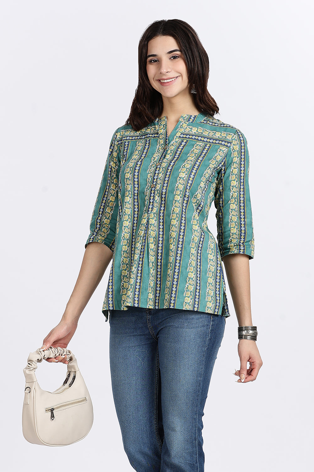 Mythri Women’s Teal Striped Cotton Top with V-Notch Neckline, Wooden Button Placket & 3/4th Sleeves | Daily Wear A-Line Cotton Top - TU13