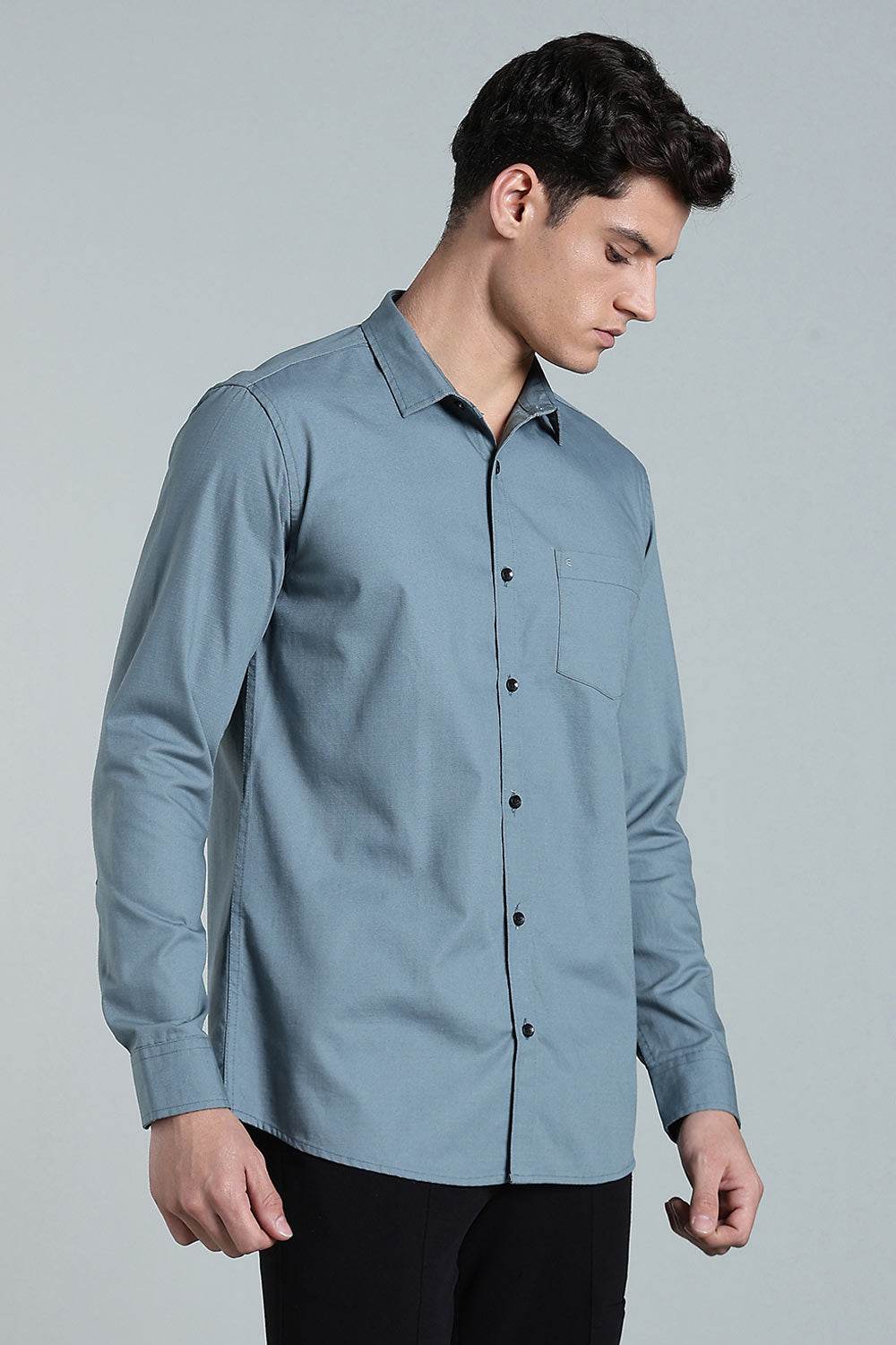 Enhance Men’s Solid Cotton Casual Shirt – Full Sleeves, Patch Pocket & Button Placket - Dark Grey - SA12 - Naidu Hall Family Store