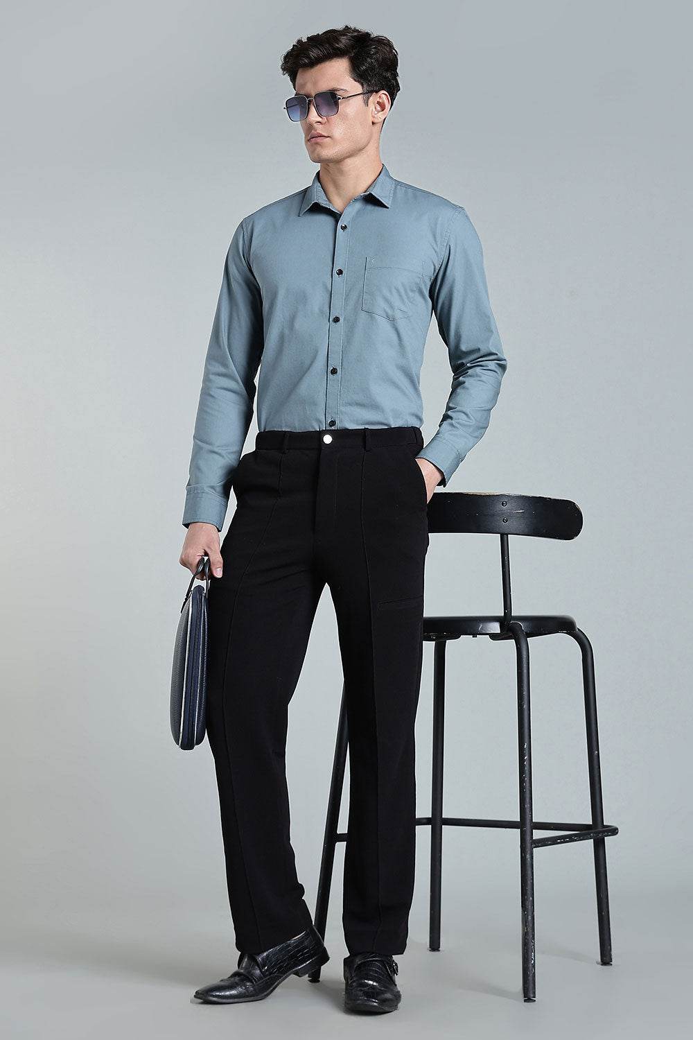 Enhance Men’s Solid Cotton Casual Shirt – Full Sleeves, Patch Pocket & Button Placket - Dark Grey - SA12 - Naidu Hall Family Store