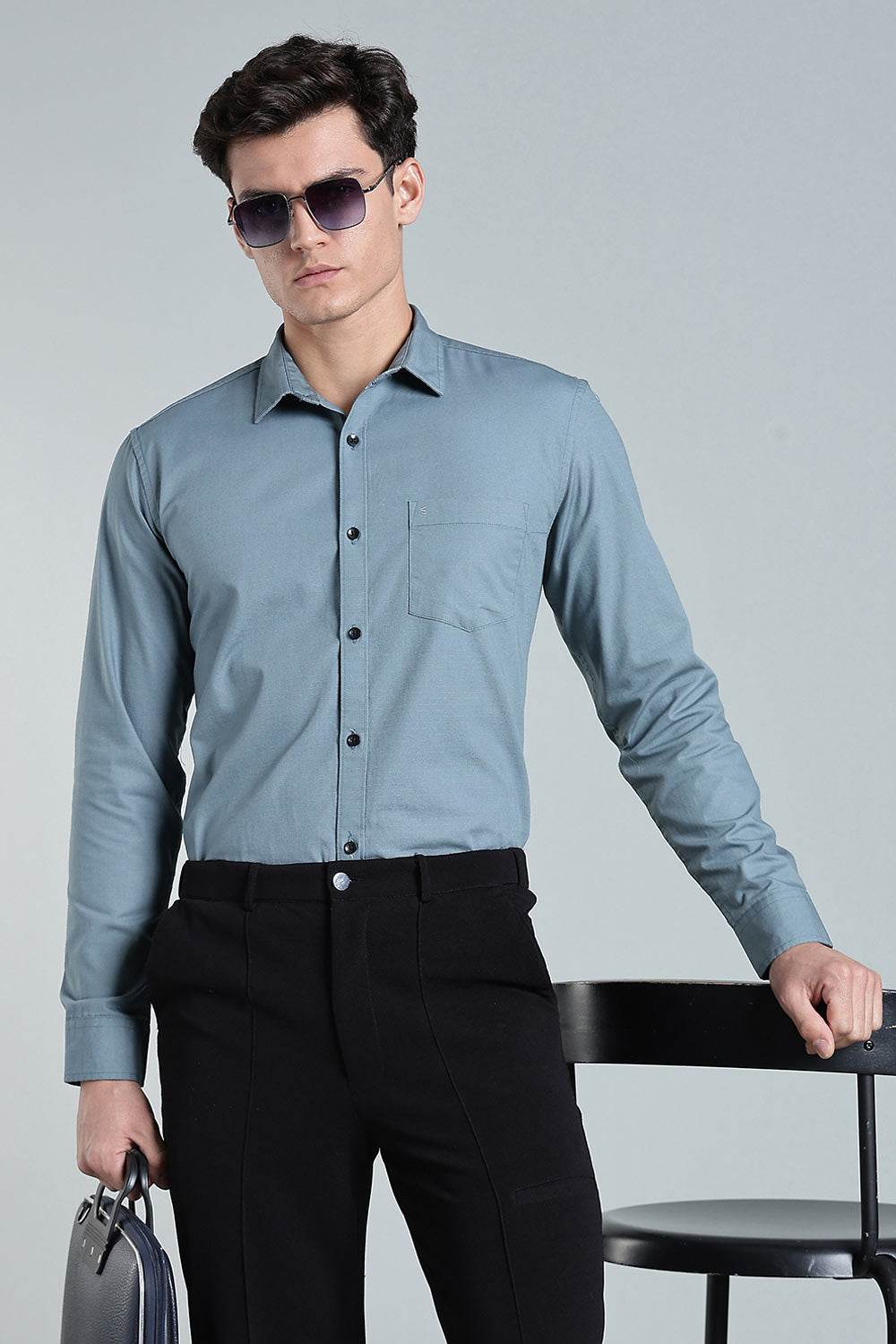 Enhance Men’s Solid Cotton Casual Shirt – Full Sleeves, Patch Pocket & Button Placket - Dark Grey - SA12 - Naidu Hall Family Store