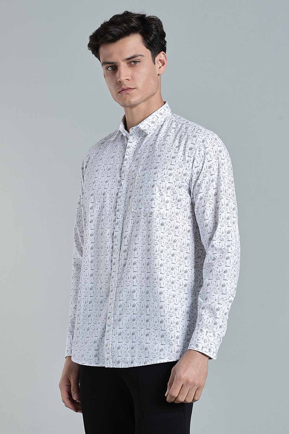 Enhance Men’s Printed Cotton Casual Shirt – Full Sleeves with Button Cuffs & Patch Pocket - White - SA09