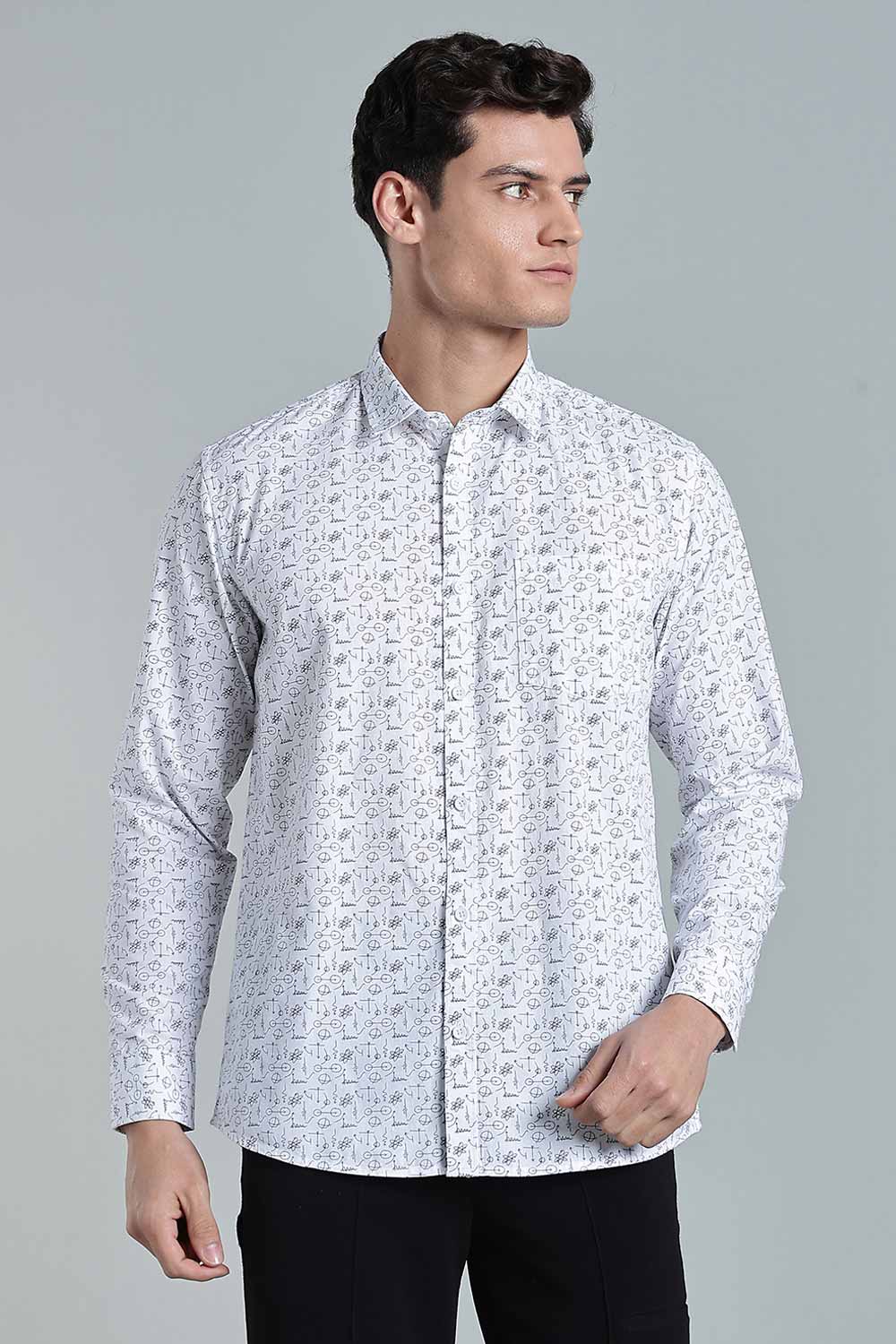 Enhance Men’s Printed Cotton Casual Shirt – Full Sleeves with Button Cuffs & Patch Pocket - White - SA09