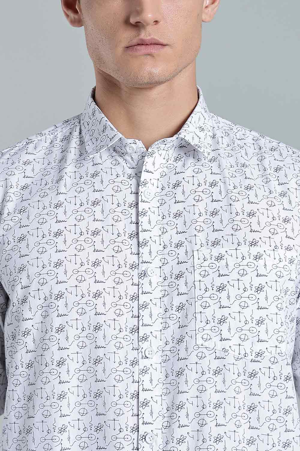 Enhance Men’s Printed Cotton Casual Shirt – Full Sleeves with Button Cuffs & Patch Pocket - White - SA09