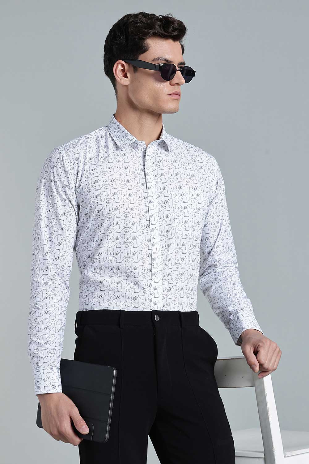 Enhance Men’s Printed Cotton Casual Shirt – Full Sleeves with Button Cuffs & Patch Pocket - White - SA09