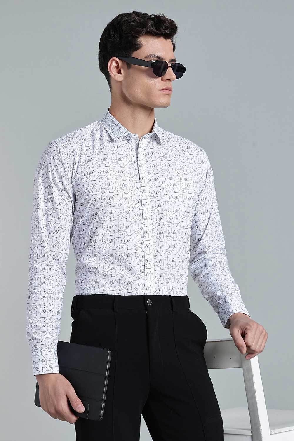 Enhance Men’s Printed Cotton Casual Shirt – Full Sleeves with Button Cuffs & Patch Pocket - White - SA09 - Naidu Hall Family Store