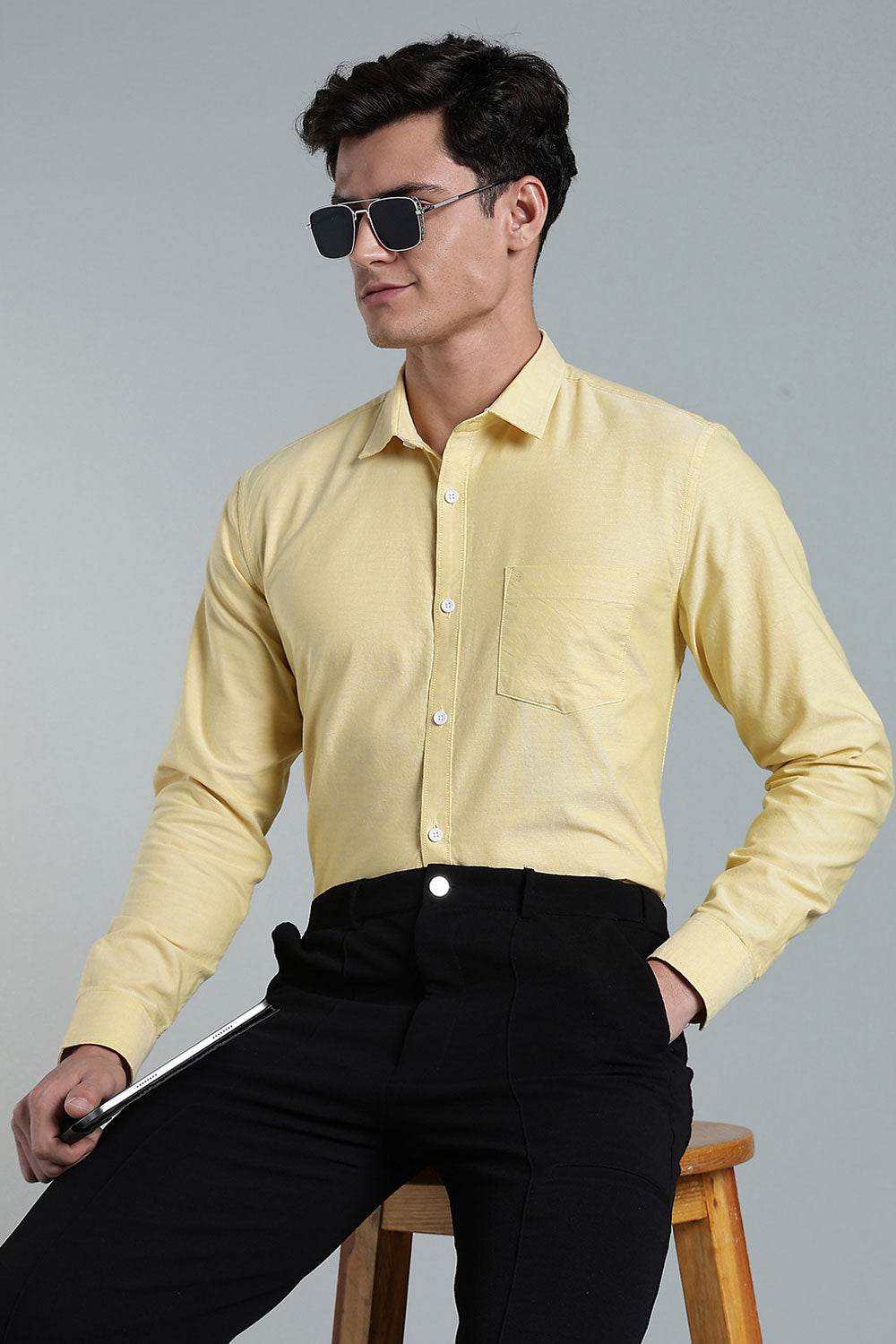 Enhance Men’s Solid Cotton Casual Shirt – Full Sleeves, Patch Pocket & Button Placket - Yellow - SA16 - Naidu Hall Family Store