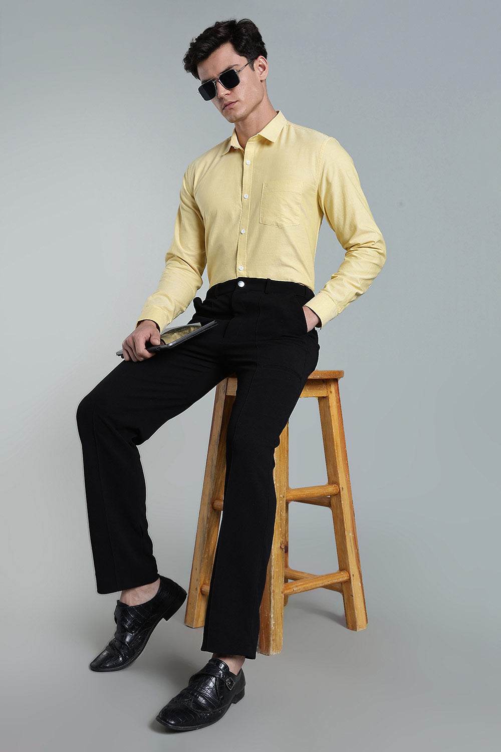 Enhance Men’s Solid Cotton Casual Shirt – Full Sleeves, Patch Pocket & Button Placket - Yellow - SA16 - Naidu Hall Family Store