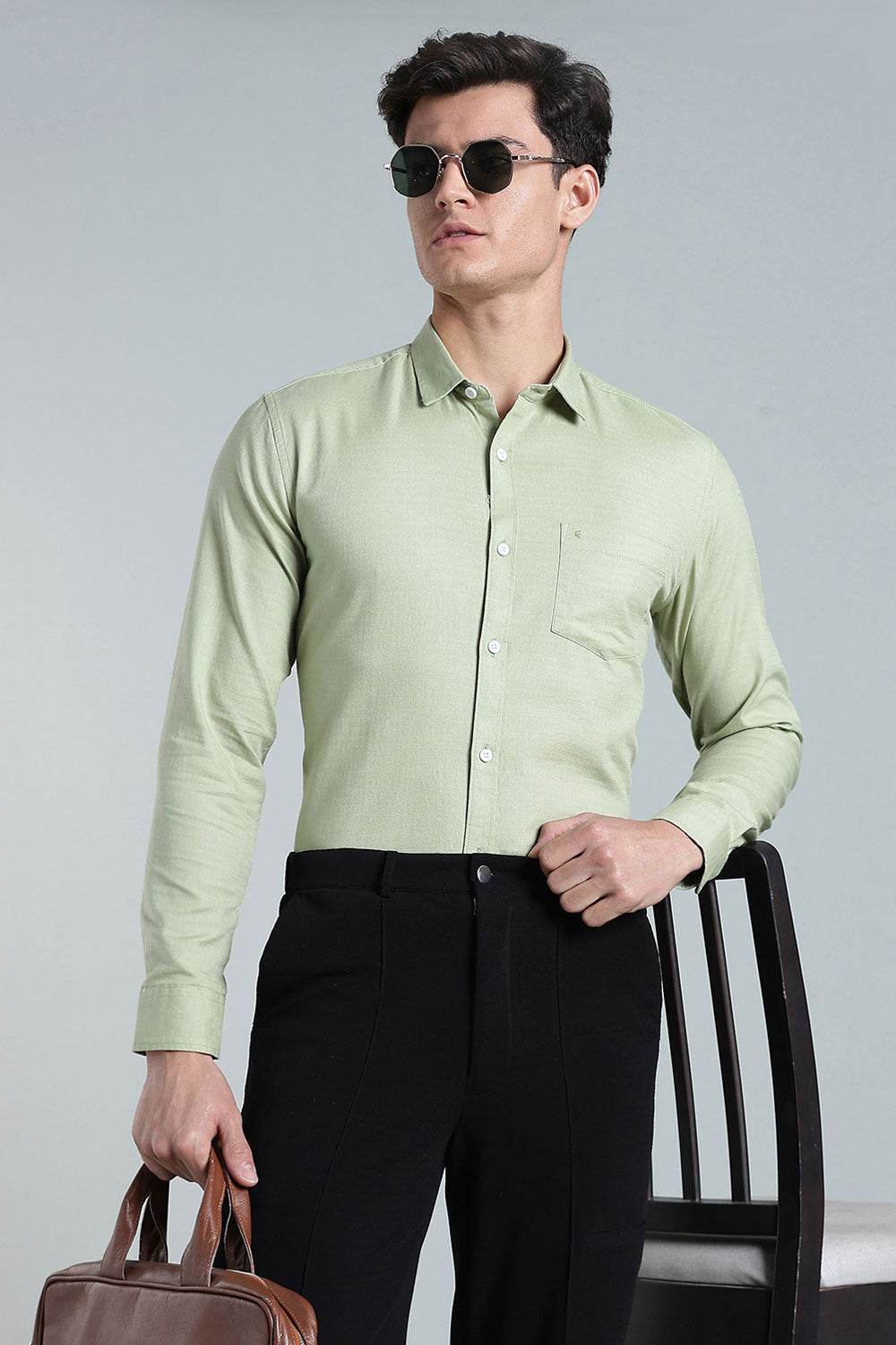 Enhance Men’s Solid Cotton Casual Shirt – Full Sleeves, Patch Pocket & Button Placket - Green - SA15 - Naidu Hall Family Store