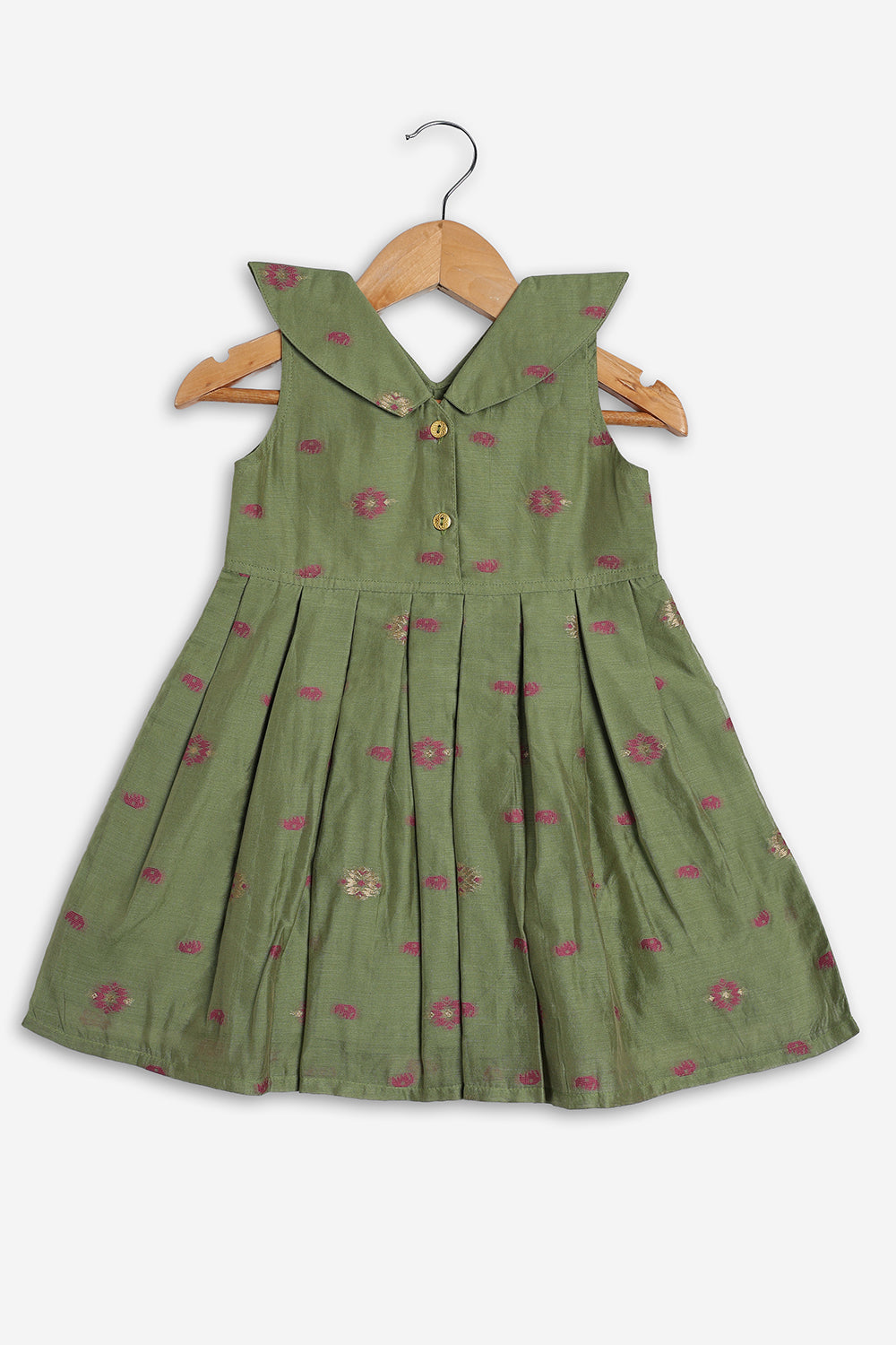 Chittythali Girls Chanderi Ethnic Frock | Peter Pan Collar Dress for Girls | Front Open Party Wear Frock | Traditional Kids Dress for Festive, Wedding & Occasion Wear - FR26