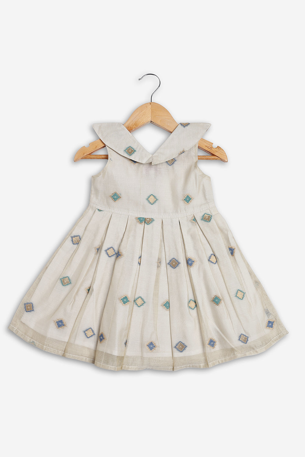 Chittythali Girls Chanderi Ethnic Frock | Peter Pan Collar Dress for Girls | Front Open Party Wear Frock | Traditional Kids Dress for Festive, Wedding & Occasion Wear - FR26