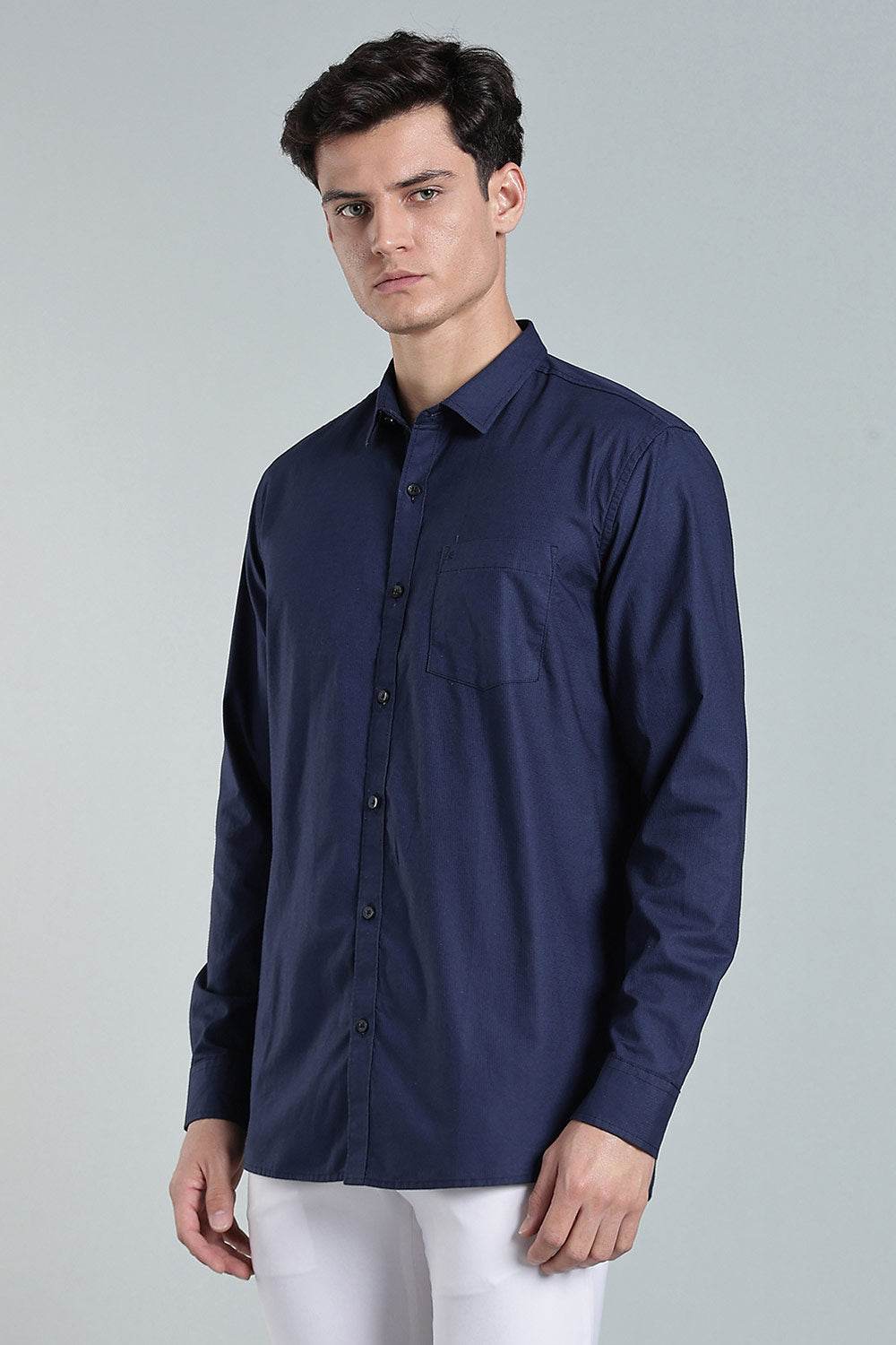 Enhance Men’s Solid Cotton Casual Shirt – Full Sleeves, Patch Pocket & Button Placket - Dark Navy - SA13 - Naidu Hall Family Store