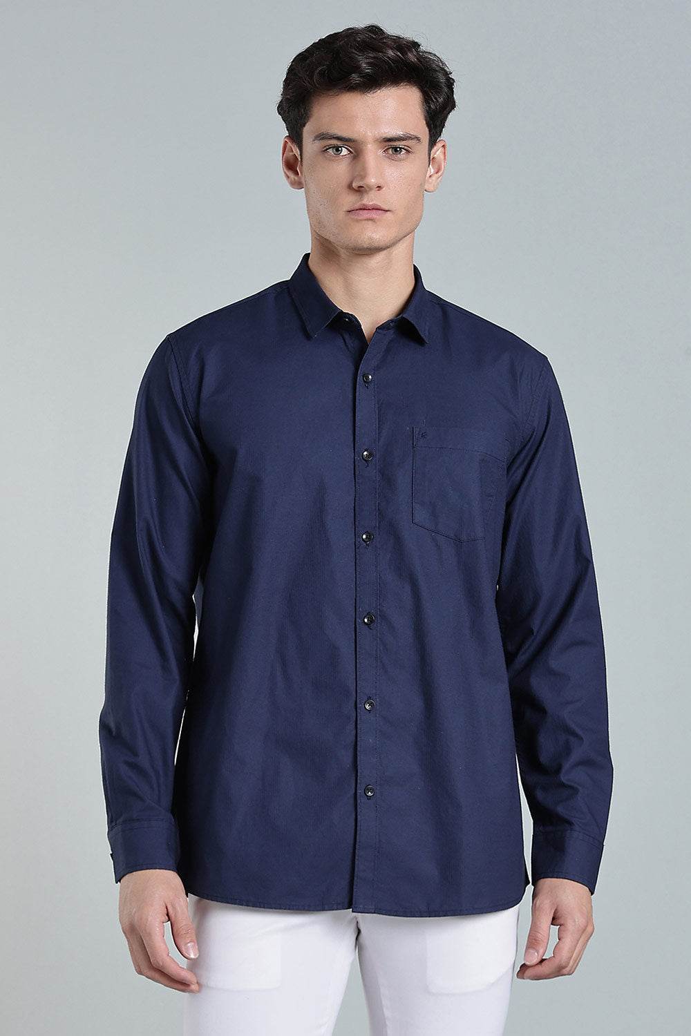 Enhance Men’s Solid Cotton Casual Shirt – Full Sleeves, Patch Pocket & Button Placket - Dark Navy - SA13 - Naidu Hall Family Store