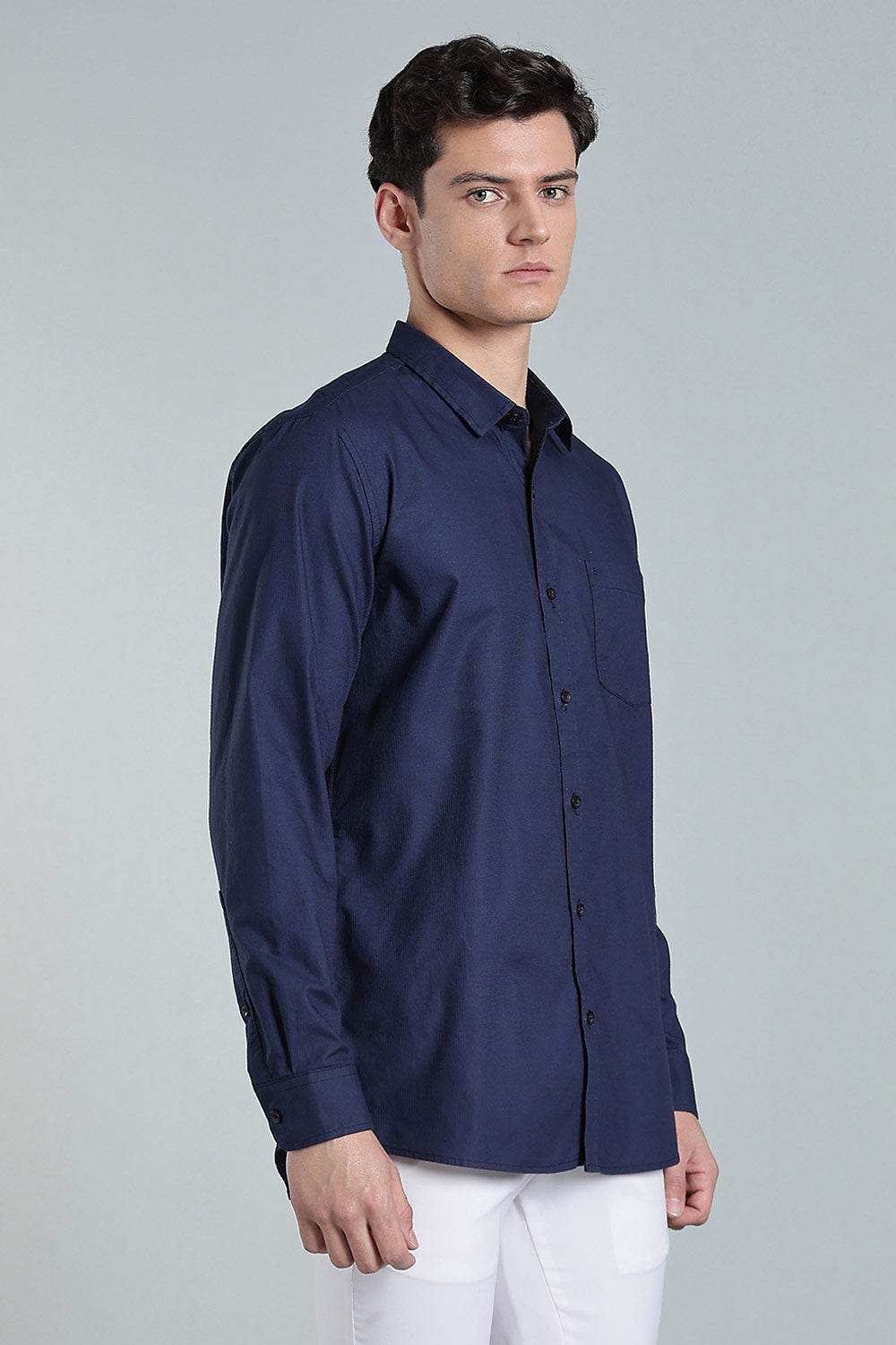 Enhance Men’s Solid Cotton Casual Shirt – Full Sleeves, Patch Pocket & Button Placket - Dark Navy - SA13 - Naidu Hall Family Store