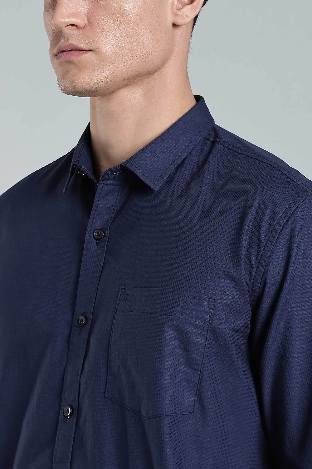 Enhance Men’s Solid Cotton Casual Shirt – Full Sleeves, Patch Pocket & Button Placket - Dark Navy - SA13 - Naidu Hall Family Store
