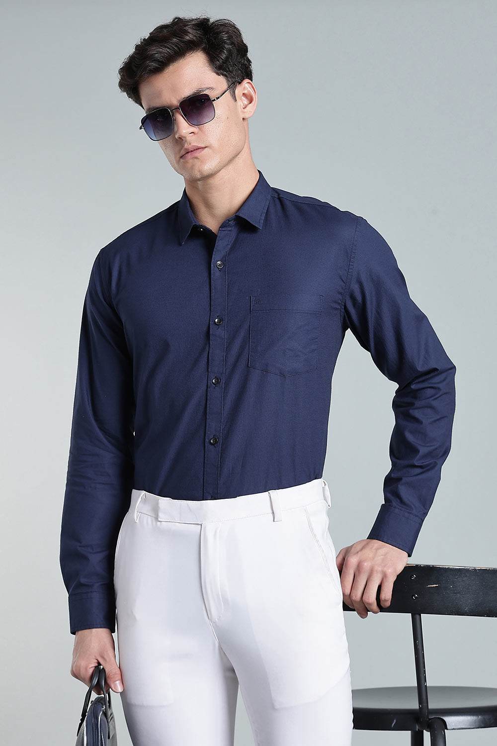 Enhance Men’s Solid Cotton Casual Shirt – Full Sleeves, Patch Pocket & Button Placket - Dark Navy - SA13 - Naidu Hall Family Store