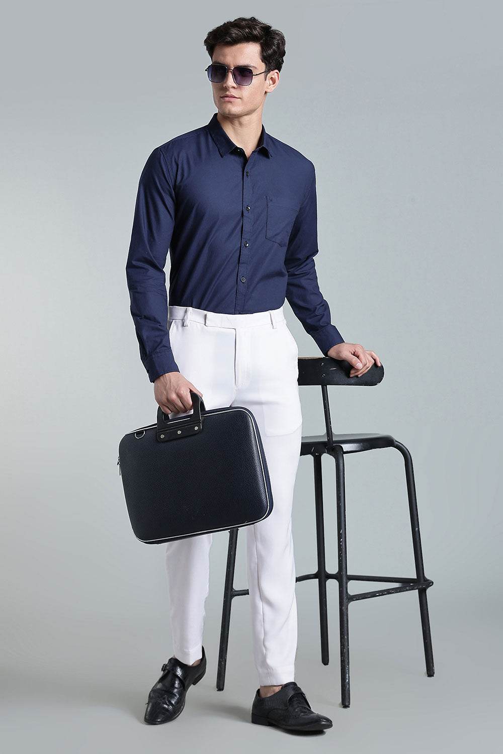 Enhance Men’s Solid Cotton Casual Shirt – Full Sleeves, Patch Pocket & Button Placket - Dark Navy - SA13 - Naidu Hall Family Store